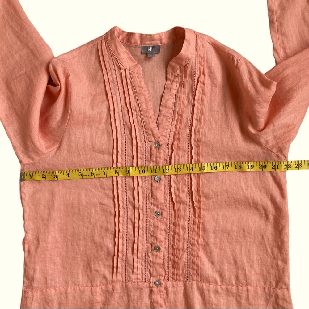 J JILL Shirt Linen Pin Tuck Button Down Tunic Long Sleeve Coral Peach Women L - Picture 8 of 12